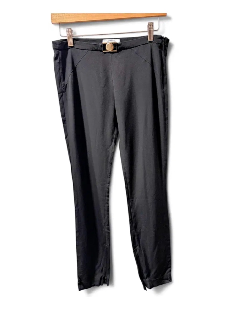 Versace Collection Black Capri Pants, Medusa Silver Buckle Detail